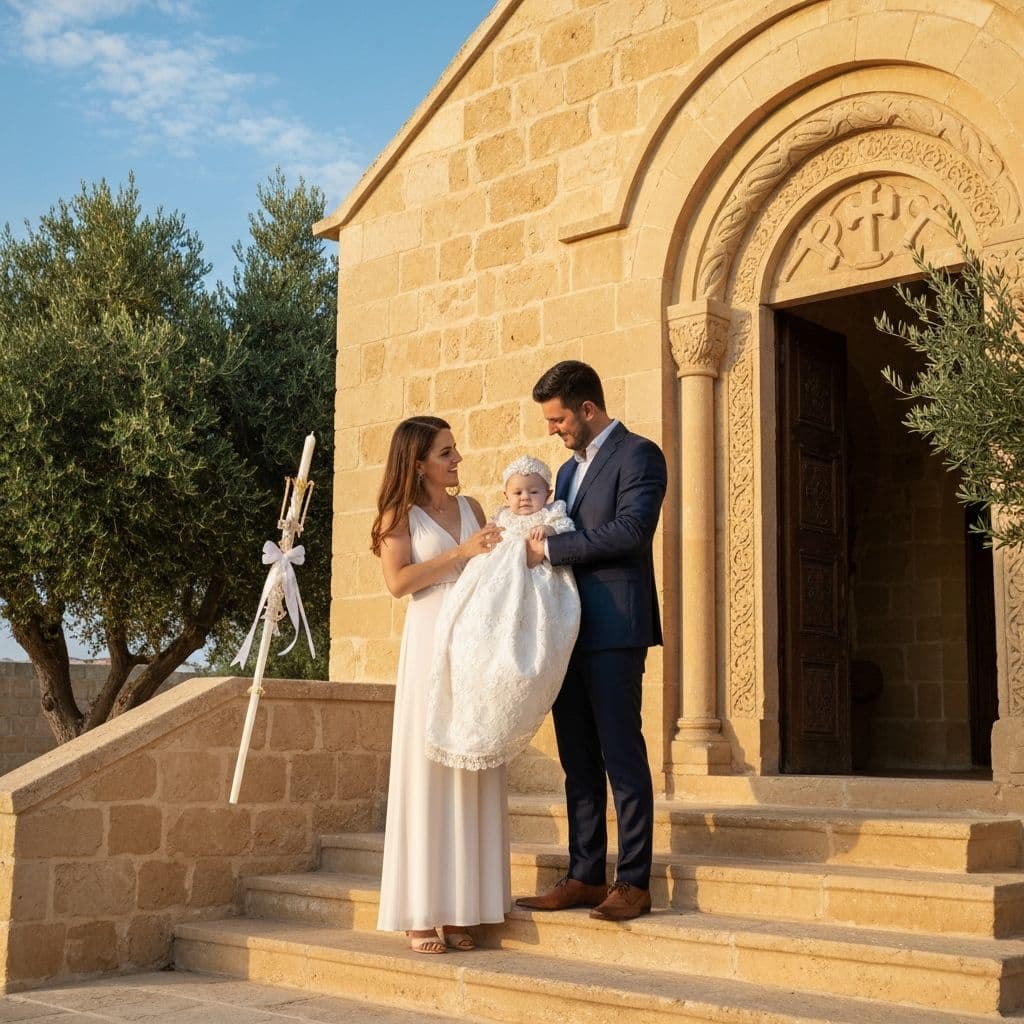 Family portrait at christening ceremony outside traditional Cyprus church